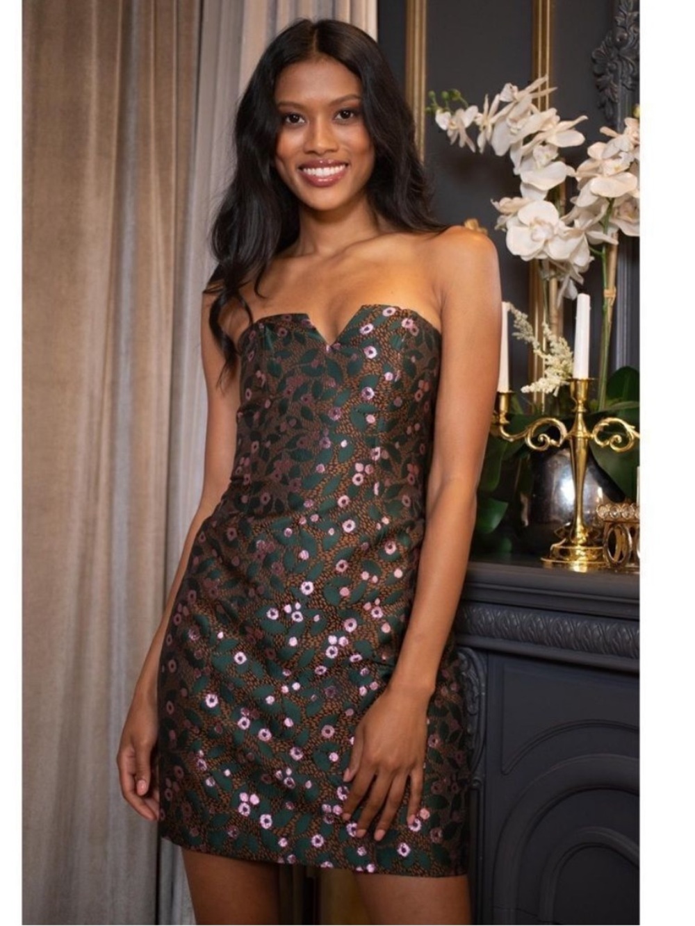 Anthropologie Dark Green Floral Brocade  Strapless Mini Dress